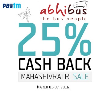 India Desire : Abhibus Mahashivratri Sale : Get 25% Cashback On Bus Booking At Abhibus Via Paytm